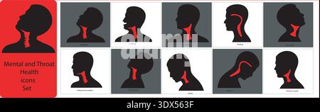Ensemble d'icônes de santé mentale et de gorge avec des silhouettes de la tête et du cou des personnes avec des zones en surbrillance Illustration de Vecteur