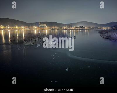 Panorama nocturne hivernal au bord du lac avec de l'eau gelée, des roseaux et une réflexion lointaine des lumières de la ville, Corée du Sud Banque D'Images