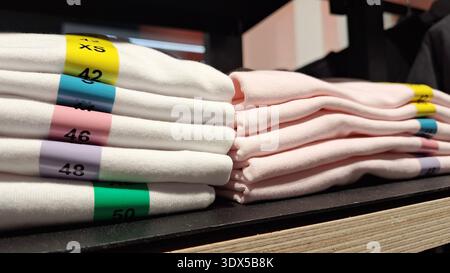 Présentoir de vêtements superposés avec soin, présentant différentes tailles et couleurs dans un environnement de vente au détail Banque D'Images