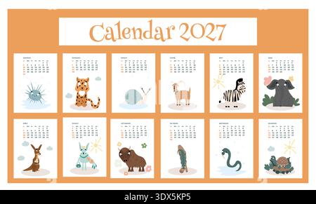 Calendrier coloré pour enfants 2027 avec différents animaux. Illustration de Vecteur