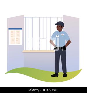 Policier afro-américain sur son lieu de travail, au poste de police. Homme en uniforme de policier sur fond de grille Illustration de Vecteur