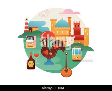 Portugal attractions touristiques, monuments et symboles bannière colorée, affiche et fond de carte postale. Illustration de Vecteur