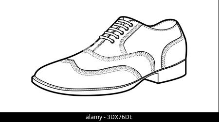Richelieux dentelle homme ligne de chaussure simple. Chaussures en cuir perforé avec bout d'aile classique élégant style bureau décontracté. Illustration technique dessin CAO maquette dessin vectoriel contour isolé sur blanc. Illustration de Vecteur