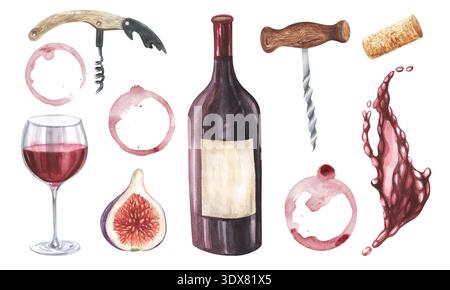 Ensemble de bouteille de vin rouge, figue et tire-bouchon. Illustrations d'aquarelle dessinées à la main isolées sur fond blanc. Pour les restaurants, cafés, menus, Banque D'Images