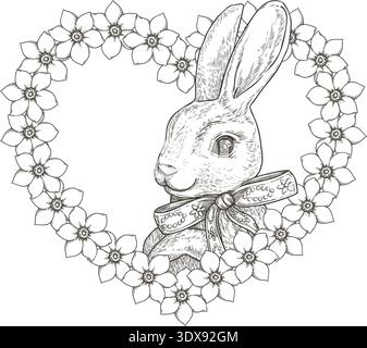 Lapin de Pâques à l'intérieur du coeur avec des fleurs dans le style croquis vintage mignon. Art vectoriel noir et blanc pour le concept de vacances. Parfait pour carte de voeux de printemps. Idéal pour sticker ou décoration de pépinière. Illustration de Vecteur