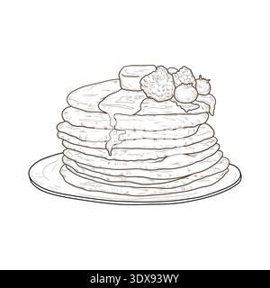 Une pile de crêpes avec des baies sur une assiette, croquis dessiné à la main. Illustration vectorielle. Pâtisseries sucrées à la farine pour Maslenitsa, isolées sur un backgrou blanc Illustration de Vecteur