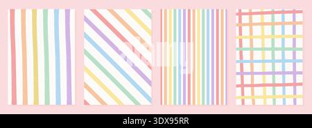 Ensemble de motifs à rayures arc-en-ciel pastel rétro vintage. Arrière-plans verticaux, diagonaux et à motif écossais doux en sourdine. Fond d'écran fantaisie texturé LGBTQ Pride Illustration de Vecteur