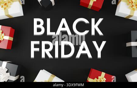Affiche de solde du vendredi fou sur fond noir avec boîtes de présentation.Concept de vente du Vendredi fou, bannière, affiche, illustration, e-mail et conception de newsletter, m Banque D'Images