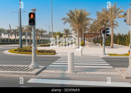 6 décembre 2025, Abu Dhabi, eau : passage piétonnier dans une rue de la ville avec des feux de circulation montrant un symbole de main rouge, entouré de palmiers et mod Banque D'Images