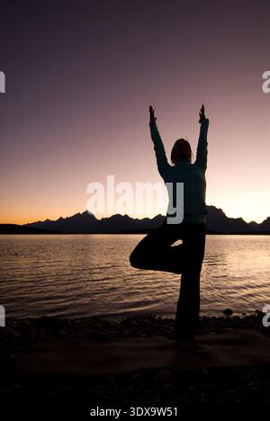 Une jeune femme pratique le yoga sur les rives du lac Jackson dans le parc national de Grand Teton, Jackson Hole, Wyoming. Banque D'Images
