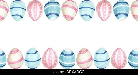 Bordure sans couture festive de Pâques avec des œufs bleus et roses, dessinée à la main avec des aquarelles. Banque D'Images