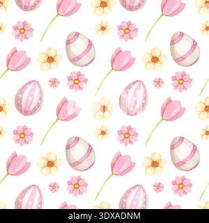 Motif sans couture festif avec des oeufs roses de Pâques et des tulipes, peint à la main à l'aquarelle. Banque D'Images