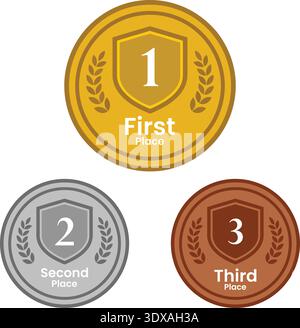 Les badges de réussite en or, argent et bronze représentent la victoire et l'excellence. Chaque médaillon comporte une couronne de laurier et un bouclier central, parfait f Illustration de Vecteur