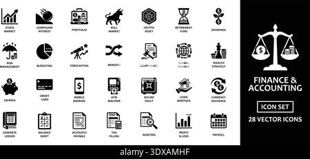 Cette collection complète de vingt-huit icônes vectorielles plates couvre des thèmes financiers essentiels, y compris la gestion de patrimoine, l'audit et le tr mondial Illustration de Vecteur