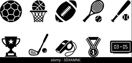 Cette collection complète d'icônes sportives en noir et blanc comprend des symboles sportifs essentiels pour la conception Web, les applications mobiles et la marque des tournois Illustration de Vecteur