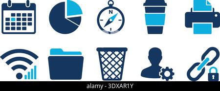 Une collection professionnelle d'icônes bichromes plates en bleu marine et cyan conçue pour la productivité des entreprises et des bureaux. L'ensemble comprend le symbole essentiel Illustration de Vecteur