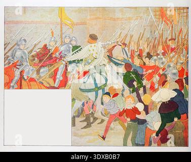 Jeanne d'Arc, vêtue d'une armure blanche ornée de fleur de lis, affronte vaillamment des soldats anglais à cheval qui traînent des prisonniers français dans une ville, faisant preuve de courage et de défiance. Illustration tirée du livre Jeanne d'Arc de Boutet de Monvel, Louis Maurice, paru en 1918 Banque D'Images