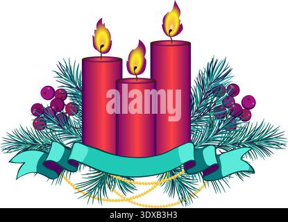 arrangement de noël avec branches de sapin, bougies, ruban, cloches et guirlande dorée Illustration de Vecteur