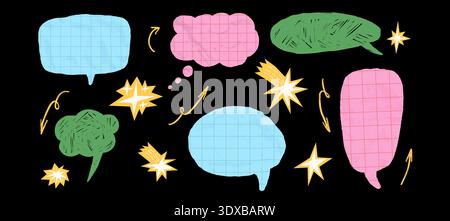 Le papier quadrillé froissé, les bulles de discours dessinées au crayon créent des éléments de dialogue comiques ludiques. Zones de texte pour la conception de chat scolaire et découpe de papier créative c Illustration de Vecteur
