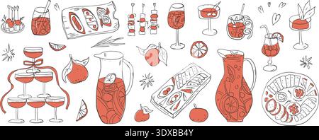 Pichet de sangria, tapas, doodles de fruits. Cocktail fantaisiste, cuisine méditerranéenne espagnole, boissons. Bachelorette événement coquette Elem dessiné à la main Illustration de Vecteur