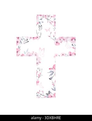 Croix religieuse avec fleurs de sakura et papillons. Dessiné à la main. Pas ai, illustration vectorielle. Il est ressuscité Illustration de Vecteur