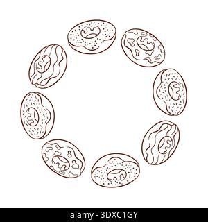 Couronne avec beignet glacé avec diverses garnitures, glaçage rose, chocolat et vert menthe avec des saupoudres dans le style d'art au trait. Illustration de Vecteur