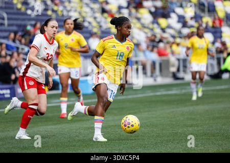 Nashville, Tennessee, États-Unis, 1er mars 2026. Milieu de terrain colombien Linda Caicedo (18 ans) lors du match de la Coupe SheBelieves au GEODIS Park à Nashville, Tennessee. Crédit : Kindell Buchanan/Alamy Live News Banque D'Images
