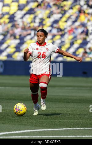 Nashville, Tennessee, États-Unis, 1er mars 2026. Le milieu de terrain canadien Mimi Alidou (26) lors du match de la Coupe SheBelieves contre la Colombie au GEODIS Park à Nashville, Tennessee. Crédit : Kindell Buchanan/Alamy Live News Banque D'Images
