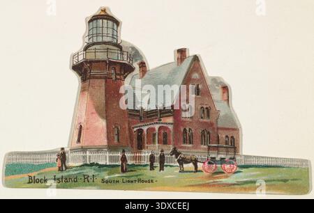 Block Island, Rhode Island – South Lighthouse, tiré de la série Lighthouses (N119), publié par W. Duke, sons & Co, lithographie par la Giles Company, 1889. Carte commerciale chromolithographique découpée représentant le phare du Sud-est avec des figures et une calèche tirée par des chevaux, produite comme prime de tabac faisant la promotion du tabac à coupe longue honnête. Banque D'Images
