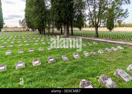 Vue en perspective de pierres tombales en béton caractéristiques alignées précisément au cimetière austro-hongrois de Fogliano Redipuglia, Frioul-Vénétie Giuli Banque D'Images