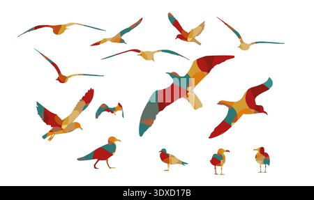 Ensemble de mouettes colorées . dessin à la main. Pas IA. Illustration vectorielle Illustration de Vecteur