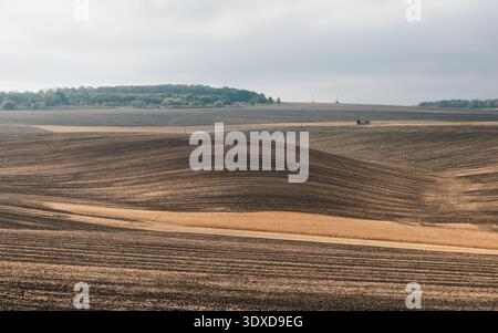 Terres agricoles labourées roulantes après la récolte. Champs fraîchement labourés avec un sol sombre et des bandes récoltées dorées sous un ciel couvert - paysage rural. Banque D'Images