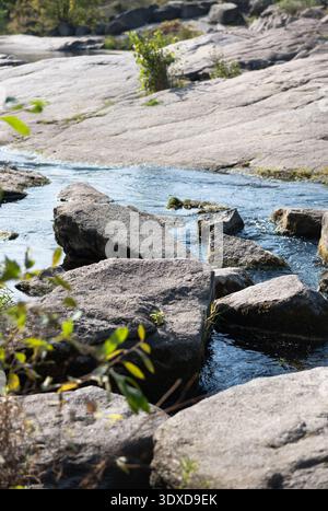 Ruisseau rocheux peu profond au-dessus des roches de granit. Image verticale d'un ruisseau ensoleillé coulant dans un canyon de granit, des ondulations d'eau claire sur et autour de roches sombres. Banque D'Images