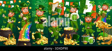 Collage de personnages de leprechaun irlandais, joyeuse fête de la Saint Patrick. Toile de fond de vecteur de vacances folkloriques irlandais. Collage de célébration de la Saint Patrick avec personnage de leprechaun, pot d'or et drapeaux Illustration de Vecteur