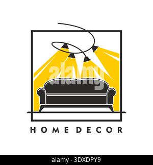 Décoration intérieure et icône de meubles. Emblème géométrique carré avec canapé noir et lustre élégant avec quatre lumières. Icône vectorielle minimale pour les entreprises d'architecture et les magasins de meubles Illustration de Vecteur