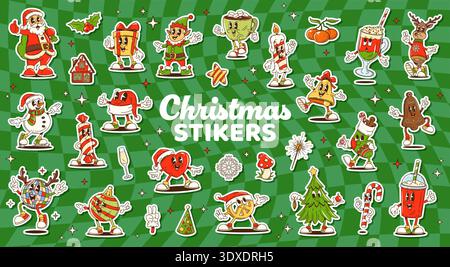 Groovy personnages de Noël autocollants de Santa, elfe et bonhomme de neige. Arbre de Noël groovy de dessin animé, renne, coeur et étoile, biscuit de pain d'épices, boisson chaude, lumières de Noël et cadeaux rétro autocollants y2k ensemble Illustration de Vecteur