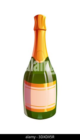 Bouteille de vin mousseux de dessin animé boisson alcoolisée. Bouteille en verre vert foncé avec feuille dorée brillante sur le cou, isolée sur blanc. Flacon en verre d'alcool de champagne de vecteur, boisson pour la célébration de l'événement Illustration de Vecteur