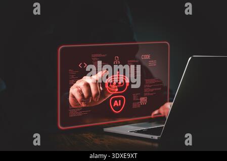 Intelligence artificielle signe d'avertissement de menace homme à l'aide de l'ordinateur rouge brillant symbole robot numérique cerveau cybercriminalité violation de données système d'automatisation intelligent f Banque D'Images