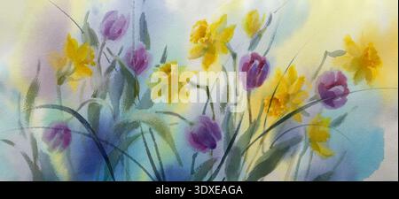 Un bouquet de tulipes violettes et jonquilles fond aquarelle Banque D'Images