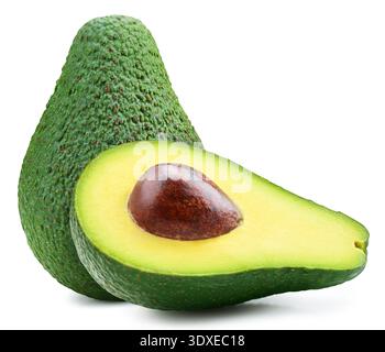 Fruits d'avocat mûrs sur le fond blanc. Chemin de coupe isolé d'avocat. Avocat macro photo studio Banque D'Images