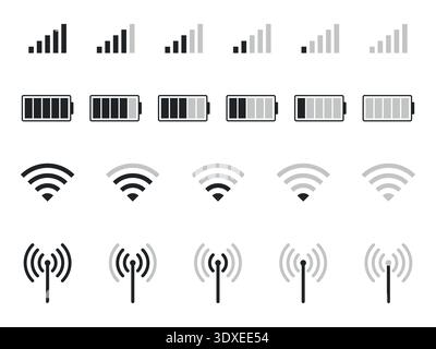 Icône d'interface de niveau de force du signal de téléphone mobile définie comme connexion WiFi, icône d'indicateur de batterie définie, état du réseau mobile et indicateur de point d'accès Illustration de Vecteur