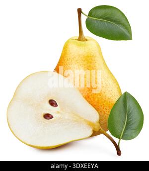 Fruit de poire avec feuilles isolent. Poire jaune sur blanc. Chemin de détourage de poire. Banque D'Images