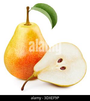 Poire jaune. Poire biologique fraîche avec des feuilles isolées sur fond blanc. Poire jaune avec chemin de détourage Banque D'Images