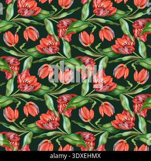 Motif aquarelle sans couture vibrant de tulipes rouges et de feuilles vertes. Cette texture botanique peinte à la main présente des coups de pinceau expressifs, idéaux pour Banque D'Images