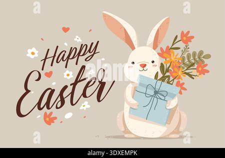 Lapin de Pâques tenant une boîte-cadeau avec fleurs printemps bouquet floral pastel fond décoratif coeurs et marguerites carte de voeux de vacances Illustration de Vecteur