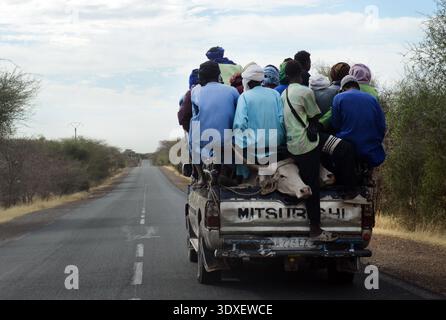 Hommes sénégalais sur une camionnette Mitsubishi dans le centre du Sénégal. Banque D'Images