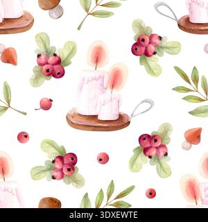 Motif aquarelle confortable sans couture avec des bougies, des baies rouges, des champignons et des feuilles vertes. Fond botanique d'automne hygge dessiné à la main Banque D'Images