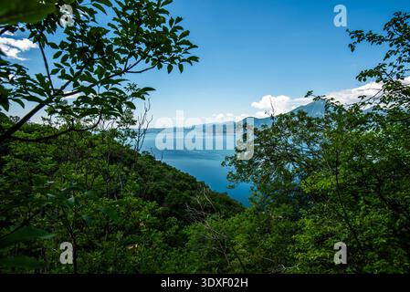 Vue sur le lac garda algo eau avec montagnes côtes du lac garda paysage du lac garda avec des montagnes et la nature près de Torri del Benaco près du lac Ga Banque D'Images
