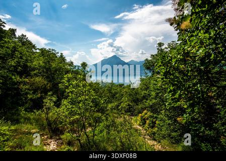 Vue sur le lac garda algo eau avec montagnes côtes du lac garda paysage du lac garda avec des montagnes et la nature près de Torri del Benaco près du lac Ga Banque D'Images
