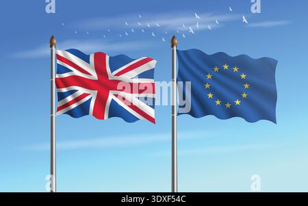 Le Royaume-Uni et l'Union européenne drapeaux relation avec le ciel backgrund Illustration de Vecteur
